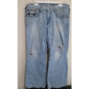 True Religion Rainbow Joey Light Wash Flare Bootcut Distressed Jeans 36 x 34